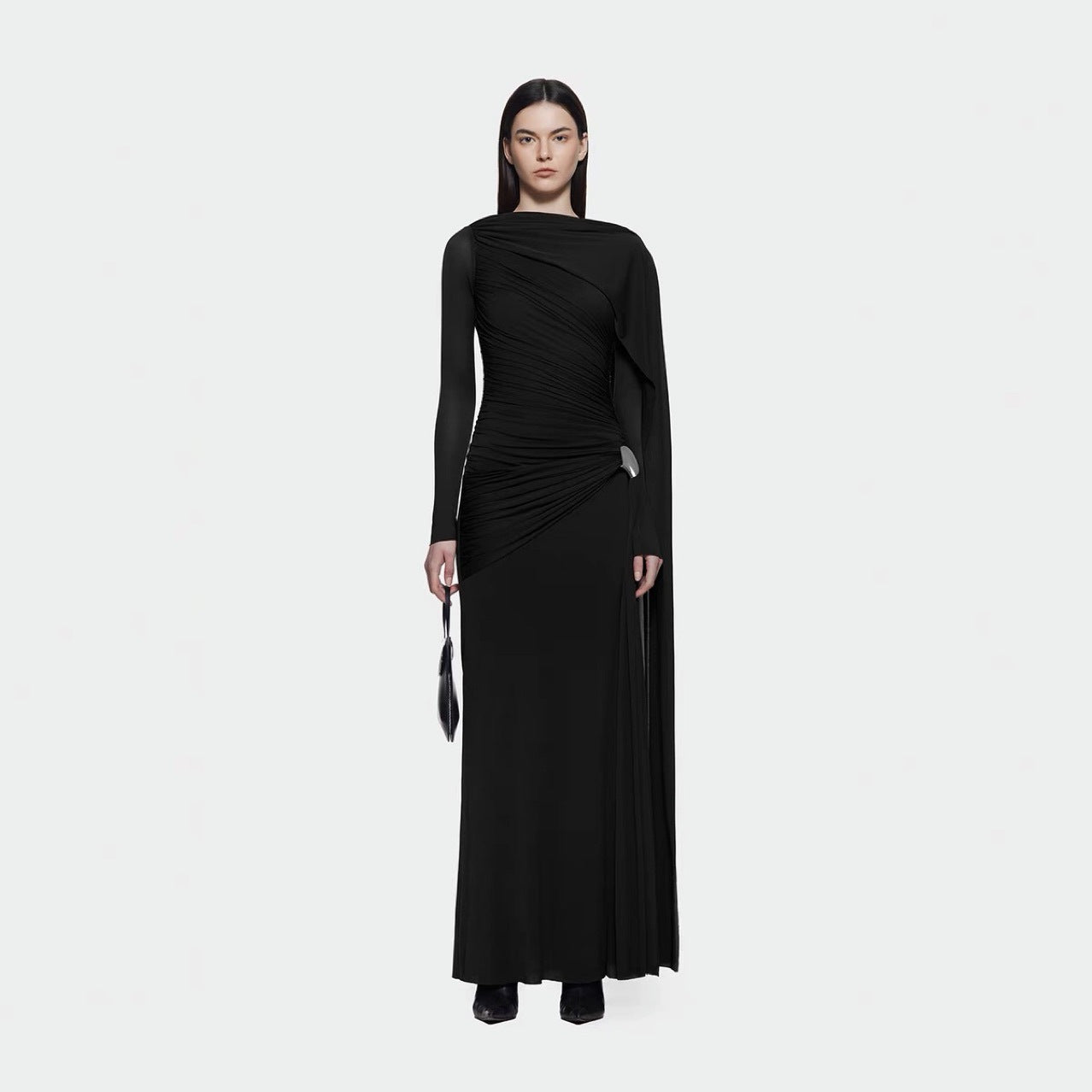 Niche Solid Color Pleating Asymmetric Simple Slim Dress