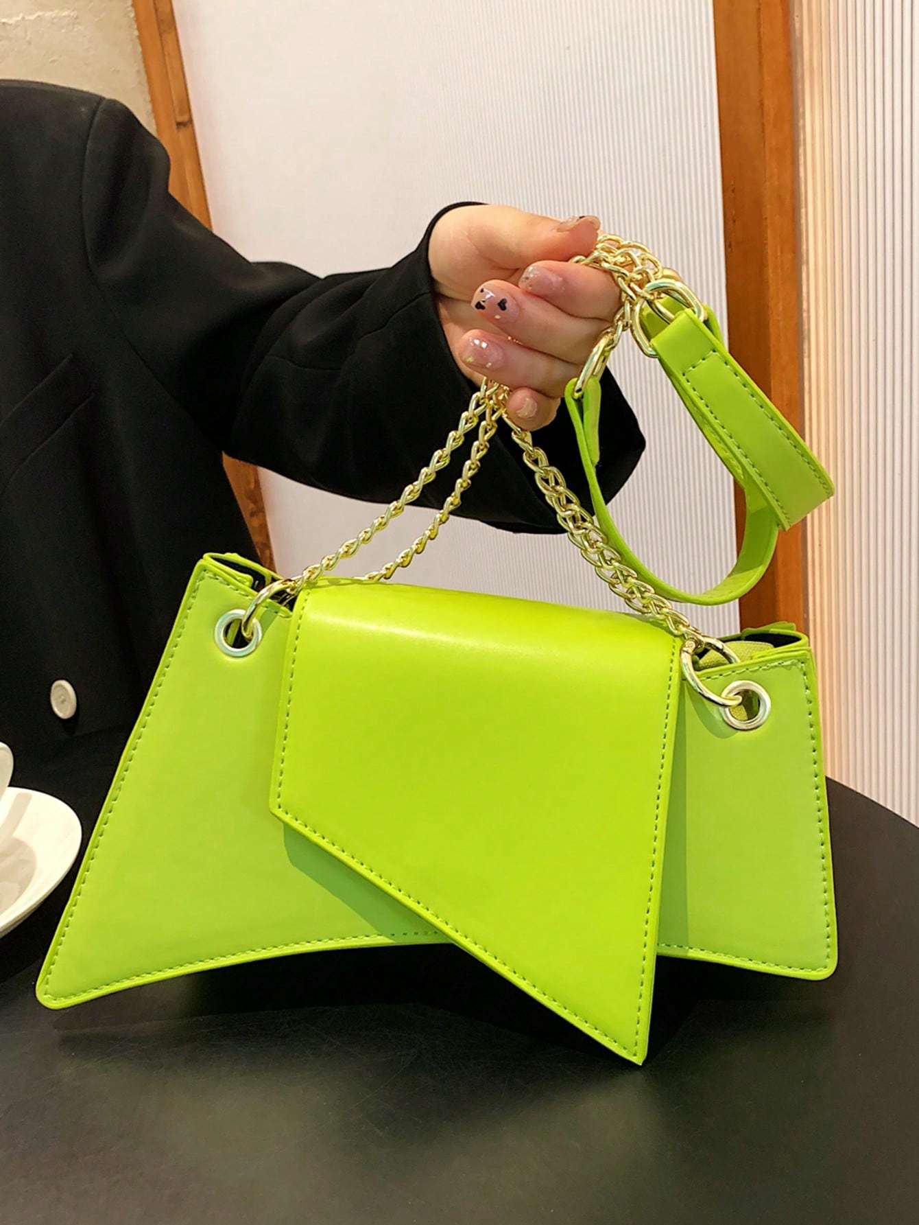 Neon Green Chain Novelty Bag Niche Stone Pattern Flap Underarm Bag PU Leather Textured Bag Purse Fashion Versatile Bag Novelty Gifts , Perfect Best Funny Novelty & Gag Gifts