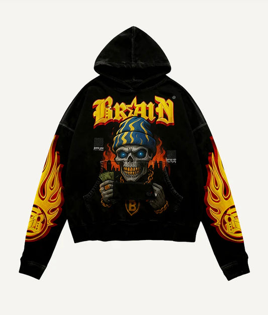 Mens Retro Skull-Print Loose-Fit Hoodie
