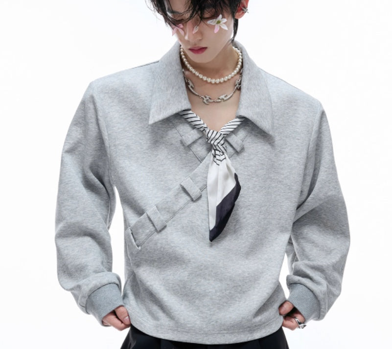 V-neck Patchwork Polo Shirt Loose High-end Long-sleeved Sweater