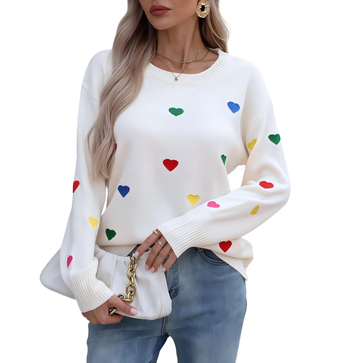 Love Jacquard Crew Neck Pullover Sweater Women