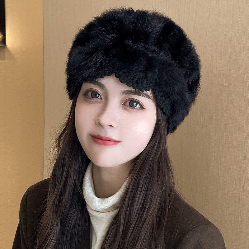 Handmade Rabbit Fur Straw Hat Female White Fur Hat Knitted Woolen Cap
