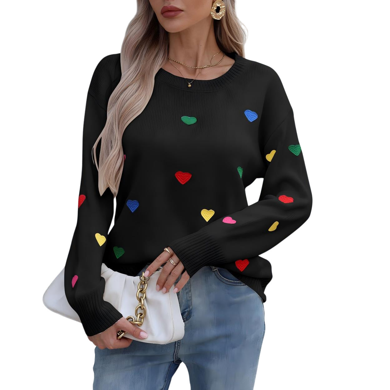 Love Jacquard Crew Neck Pullover Sweater Women