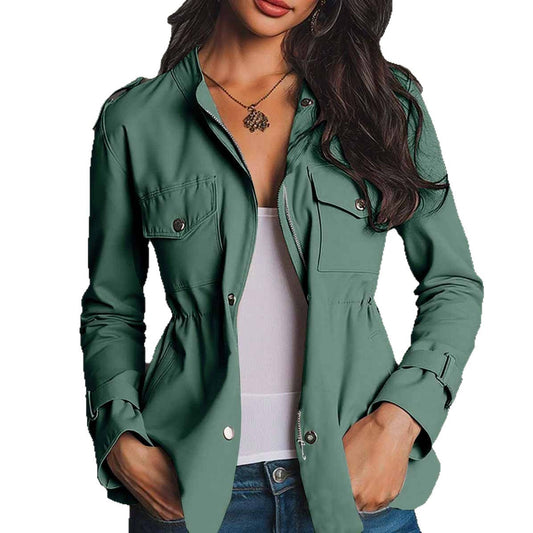 Long Sleeve Waist-tight Jacket Pocket Windbreaker Coat Women's Clothing