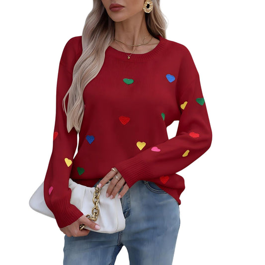 Love Jacquard Crew Neck Pullover Sweater Women