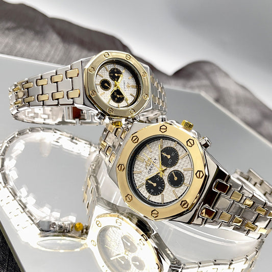 ساعة أنيقة للرجال والنساء، بحزام فولاذي متطابق، تعمل بحركة كوارتز، مزودة بتقويم، ومقاومة للماء، مناسبة للأزواج.