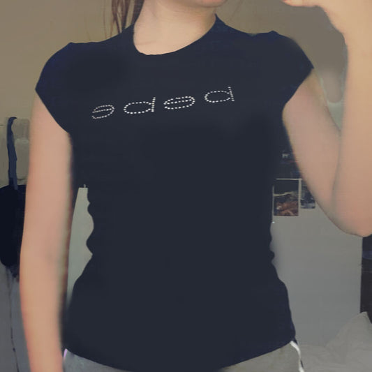 Letter Rhinestone Slim Fit Midriff-baring Top