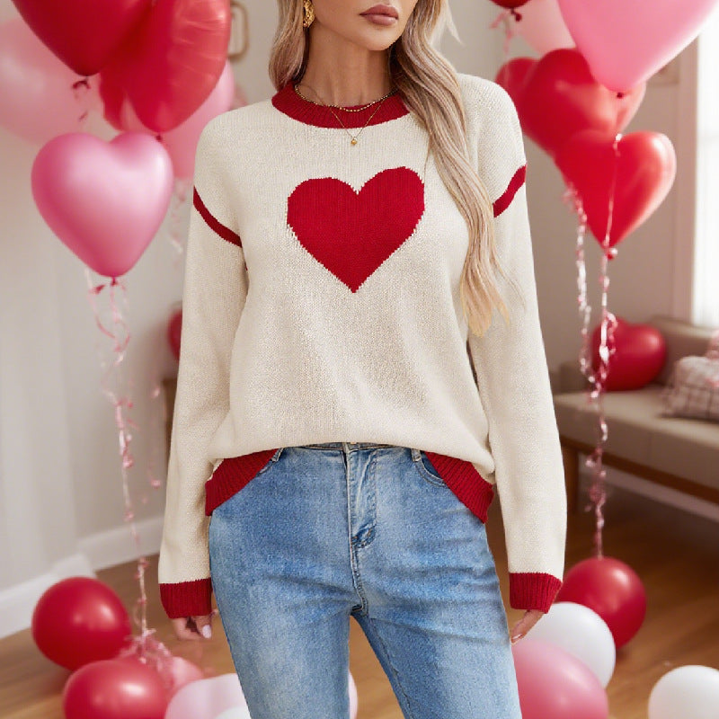 Female With Hearts Peach Round Neck Sweater