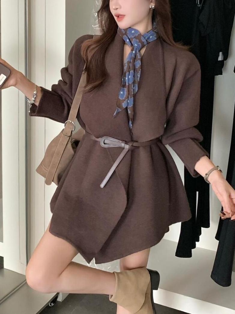 Irregular Lapel Mid-length Knitted Cardigan Casual Laid-back Style