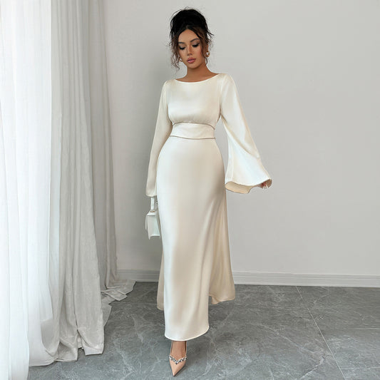 Elegant Graceful Style Waist Solid Color Long Sleeve Dress