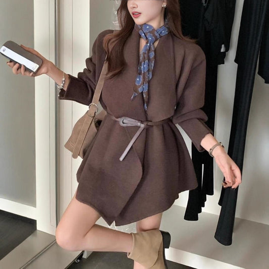 Irregular Lapel Mid-length Knitted Cardigan Casual Laid-back Style