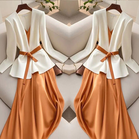 Two-piece Suit For Formal Occasions Elegant White Orange Suspender Skirt
