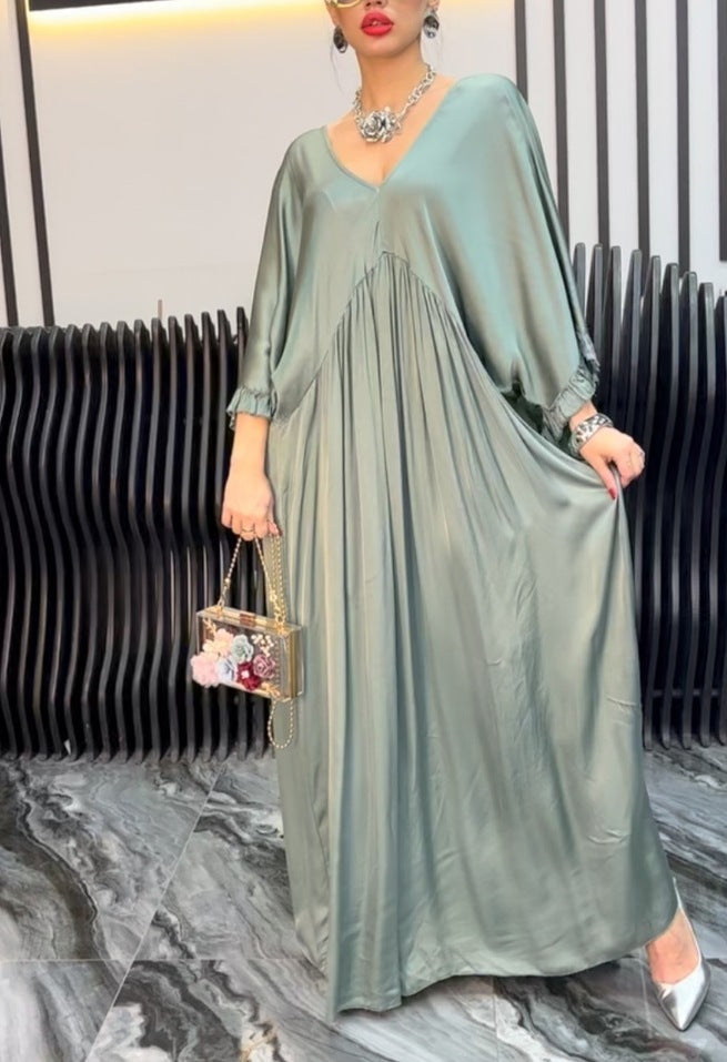 Fashion Casual Satin Ruffle Sleeve Pleated Dress Long Dress