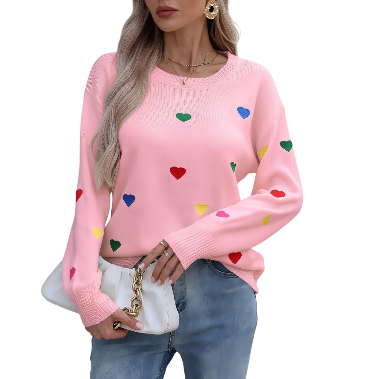 Love Jacquard Crew Neck Pullover Sweater Women