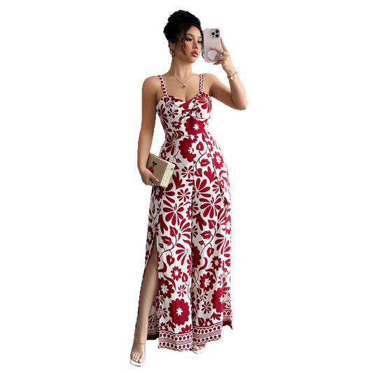 Elegant Graceful Printed Suspender Long Dress Women's Dress