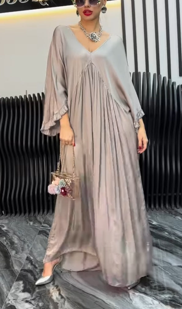 Fashion Casual Satin Ruffle Sleeve Pleated Dress Long Dress