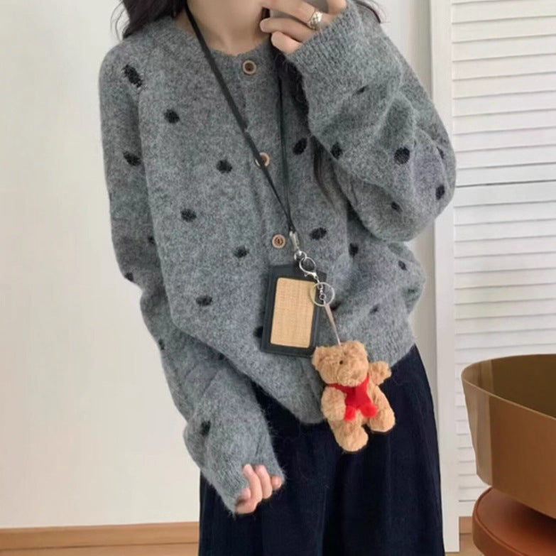 Loose Casual Sweater Polka Dot Round Neck Button Women's Sweater