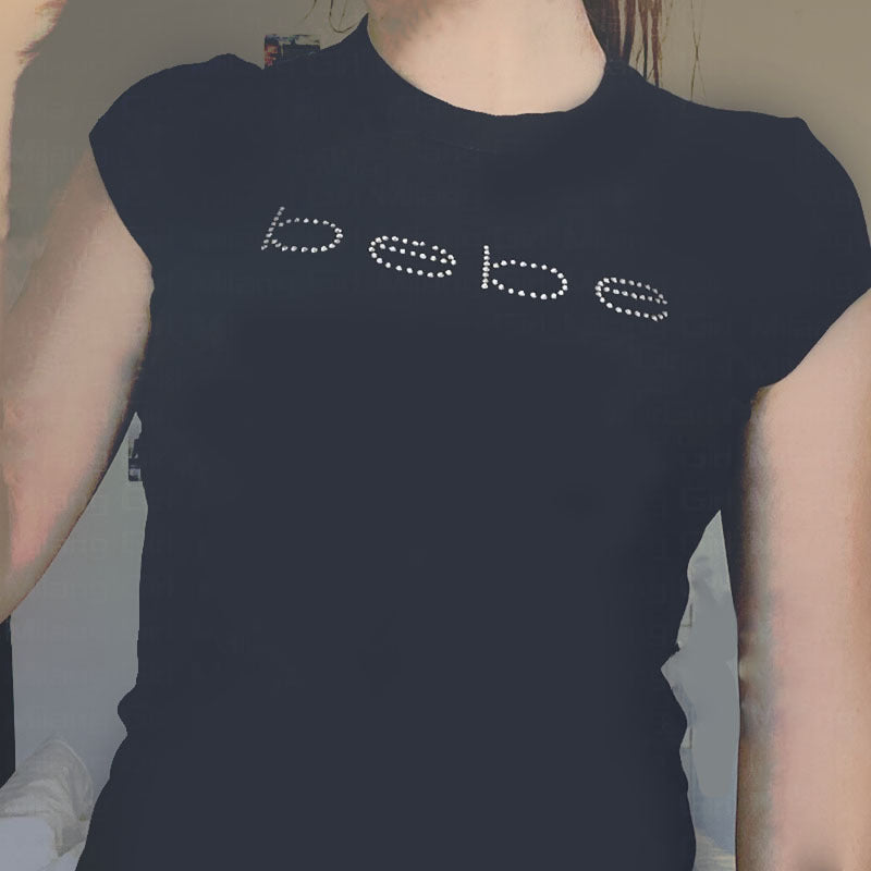 Letter Rhinestone Slim Fit Midriff-baring Top