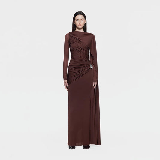Niche Solid Color Pleating Asymmetric Simple Slim Dress