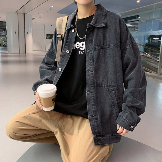 Mens Korean-style Trendy American Workwear Vintage Denim Jacket