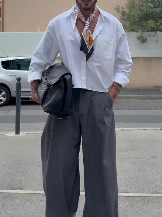 قميص رجالي قصير بلون موحد غير رسمي