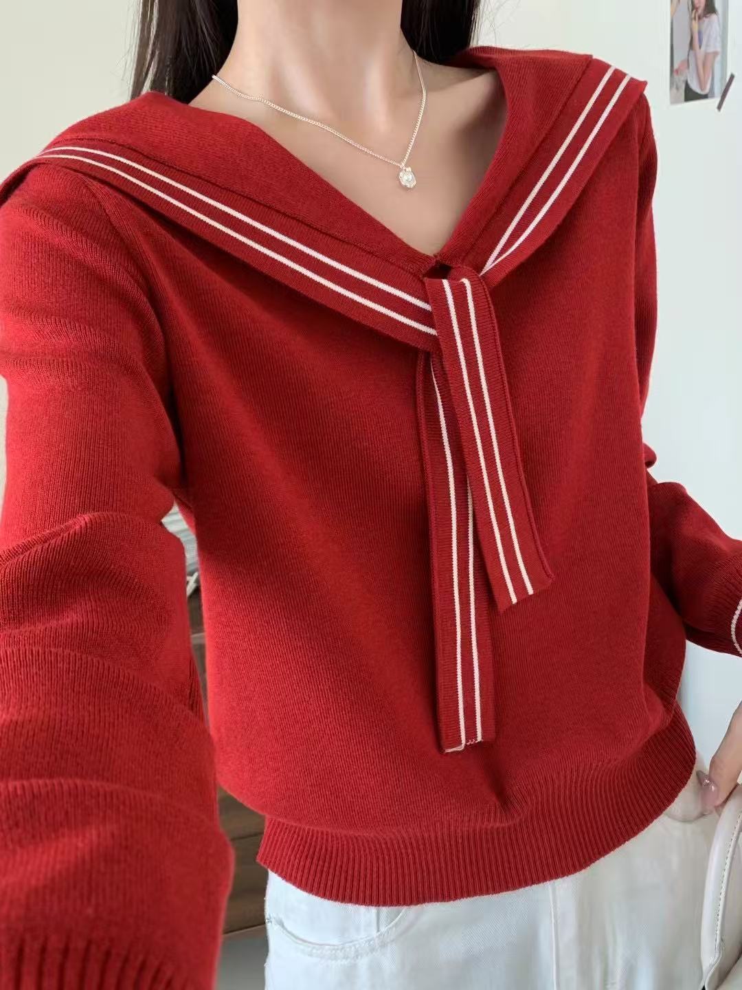 Sailor Collar Lace-up Striped Knitted Coat Women's Sweater