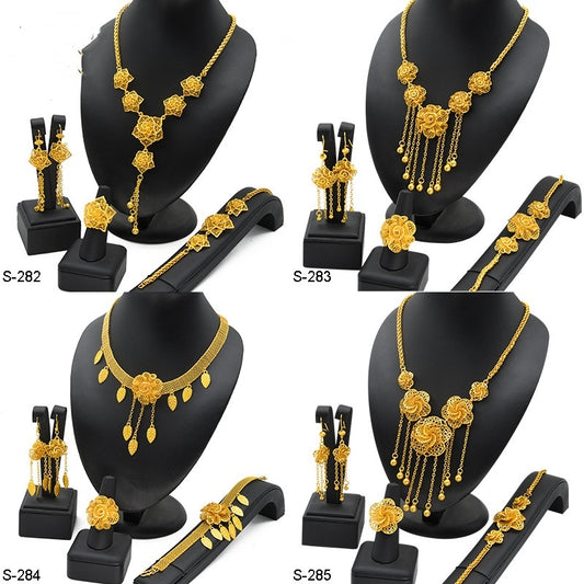 Lady's Flower Necklace Earring Ring Bracelet Copper-plated Gold Jewelry Suit