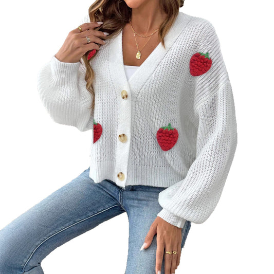 Women's Three-dimensional Strawberry Stitching Cute Cardigan Button Coat