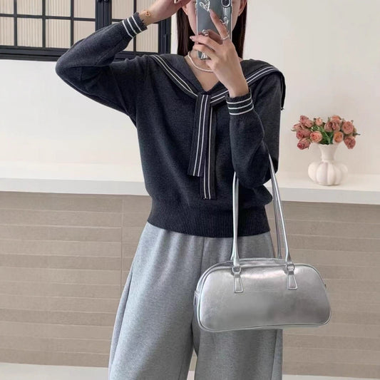 Sailor Collar Lace-up Striped Knitted Coat Women's Sweater