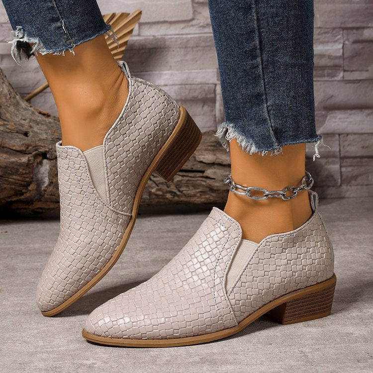 Pointed-toe High-cut Pumps Brown Chunky Heels Ankle Large Size Small Leather Shoes