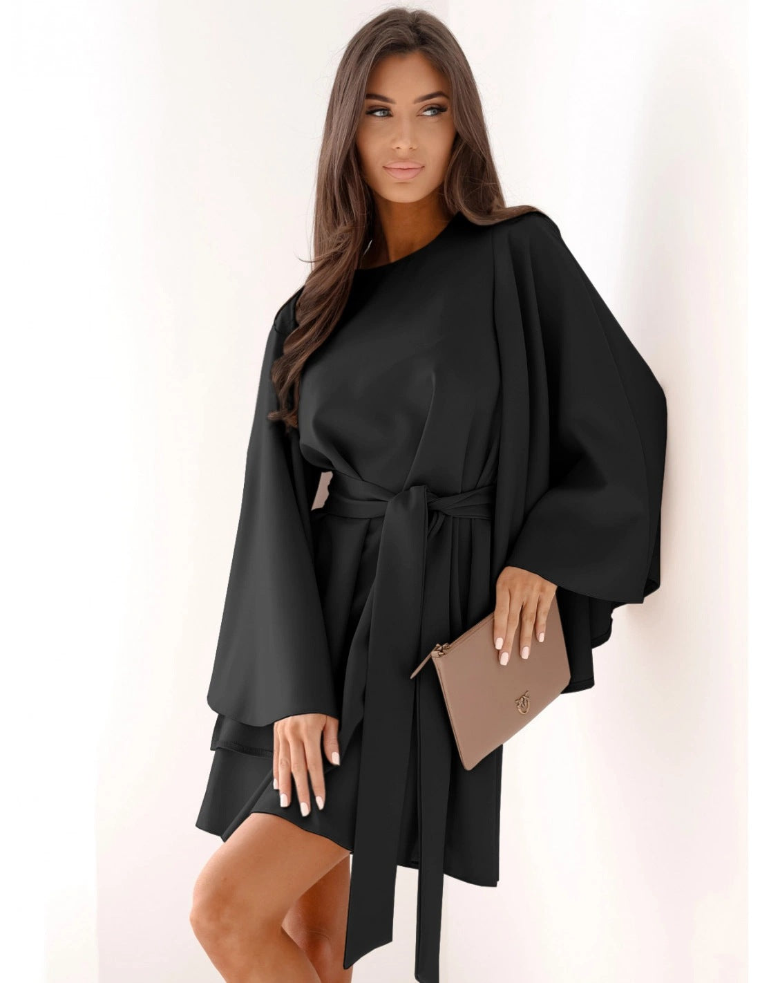 Autumn Fashion Solid Color Round-neck Flared Sleeves Lace-up Waist Dress