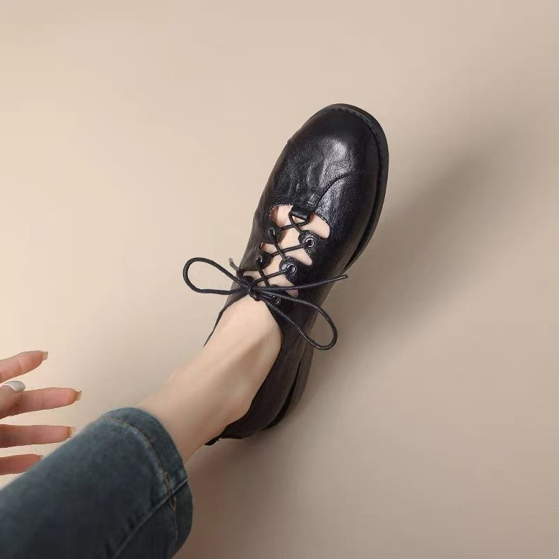 Retro Hollow Leather Shoes Women's Low-cut Lace-up British Style