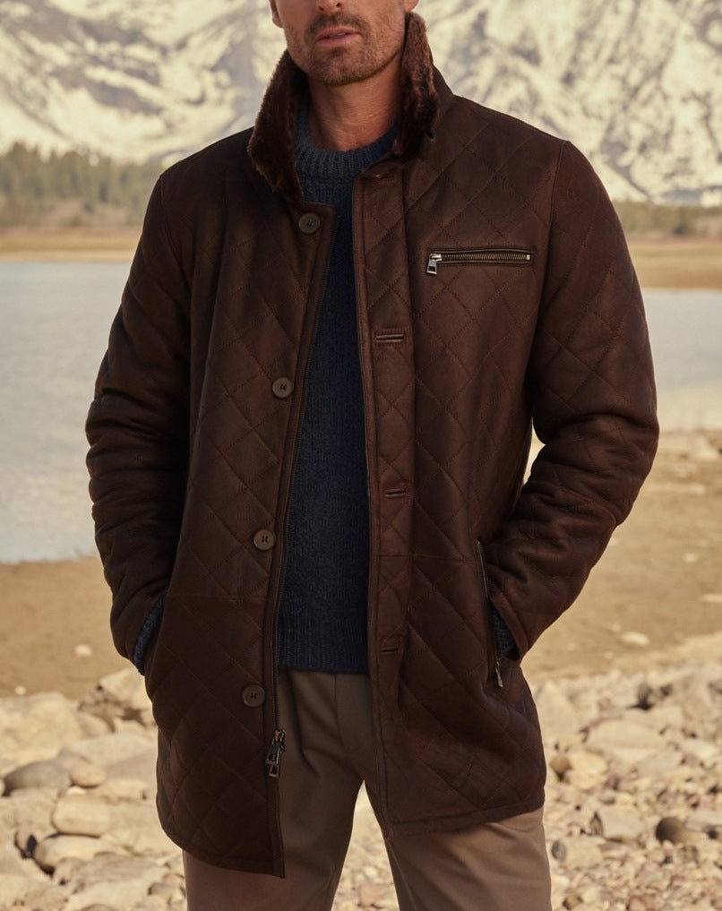 Abrigo de piel acolchado Chaqueta larga con botones de piel