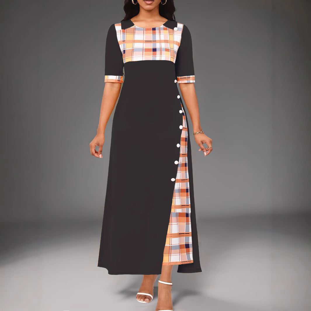 Round Neck Contrast Medium Sleeve Long Dress