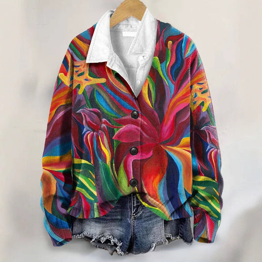 3D Flower Pattern Printing Autumn And Winter Casual Long Sleeve Coat