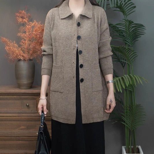 High Polo Collar Women's Sweater Single-breasted Knitted Cardigan