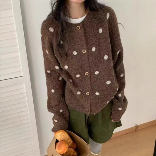 Loose Casual Sweater Polka Dot Round Neck Button Women's Sweater