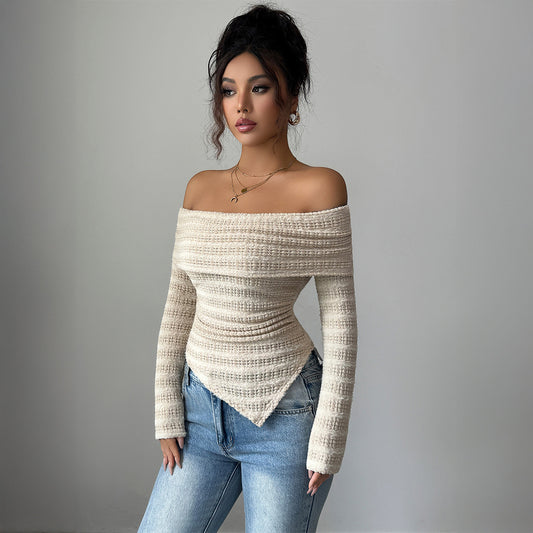 Women's Light Apricot-colored Long-sleeved Off-shoulder T-shirt