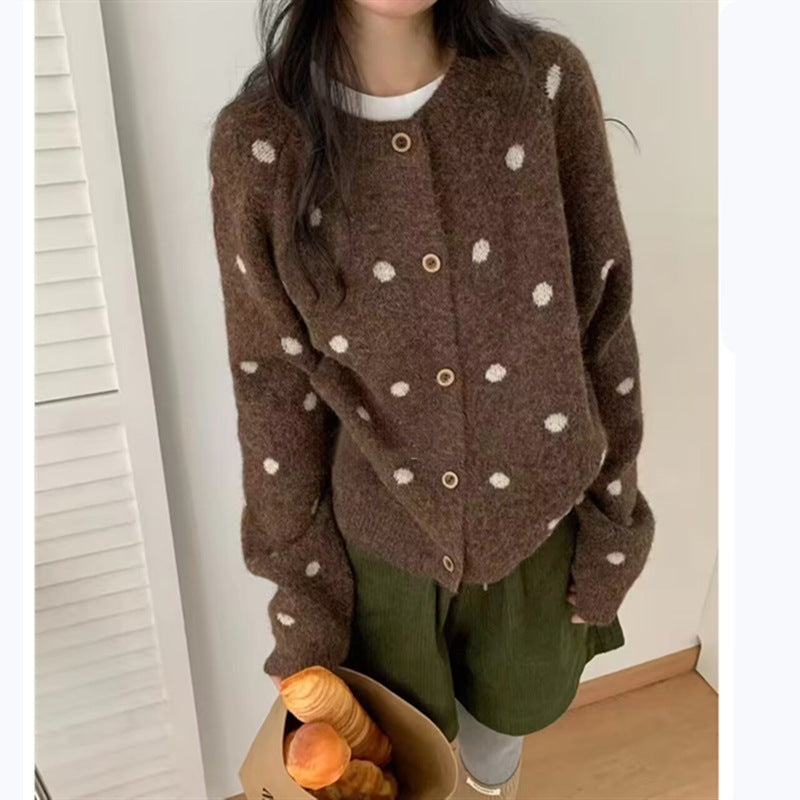Loose Casual Sweater Polka Dot Round Neck Button Women's Sweater