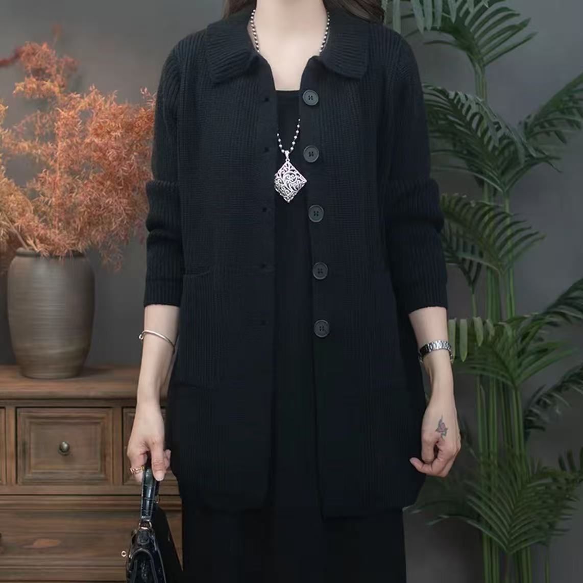 High Polo Collar Women's Sweater Single-breasted Knitted Cardigan
