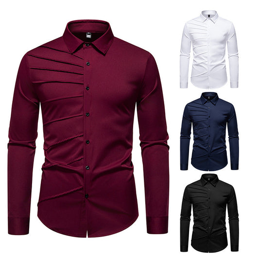 Men's Pleated Design Casual Long-sleeved Shirt