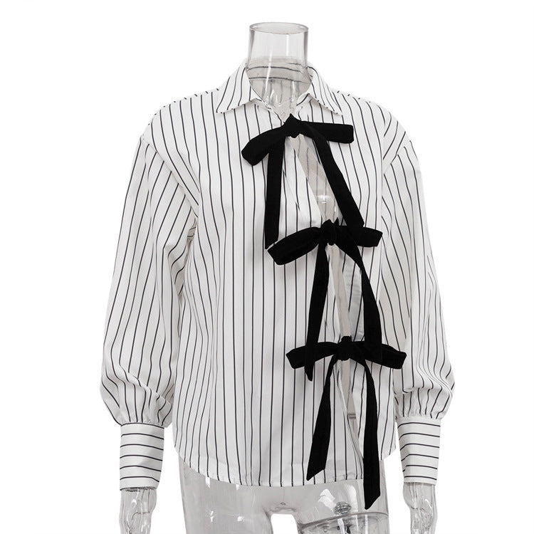 Lapel Long Sleeve Bowknot Lace Printing Striped Shirt