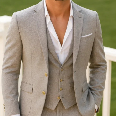 بدلة رجالية من ثلاث قطع، بياقة مسطحة، بتصميم كاجوال، تتميز بتهوية ذكية، مناسبة للعمل أو حفلات الزفاف.