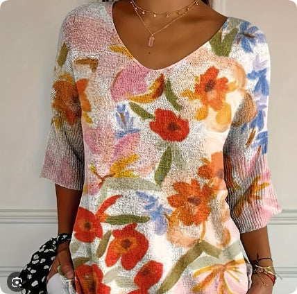 Fashion Casual V-neck 3D Printed Geometric Top For Women