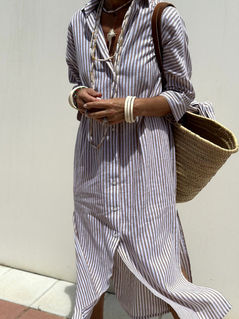 Mid-length Five-quarter Sleeve Striped Cardigan Lapel Shirt Dress