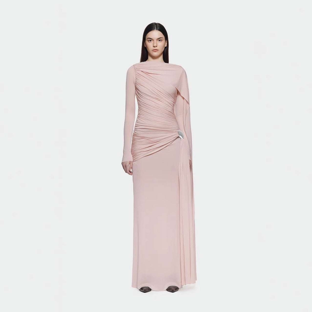 Niche Solid Color Pleating Asymmetric Simple Slim Dress