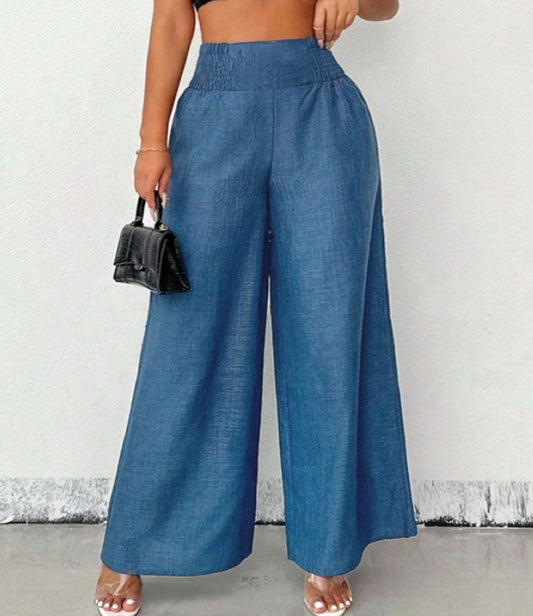 Women's Casual Vacation Waistband Blue Wide Leg Pants