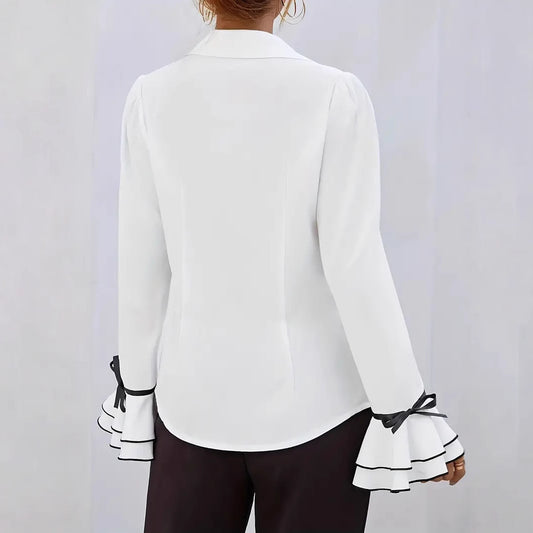 Solid Color Casual Ruffled Flared Sleeve Shirt Top