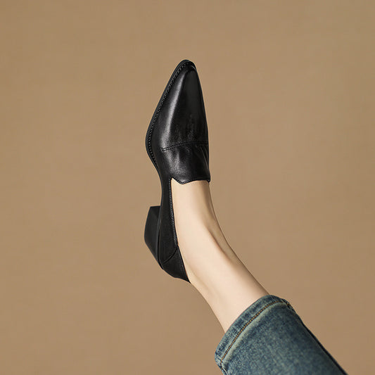 Women's Spring And Autumn Mid Heel Deep Mouth Leather Shoes