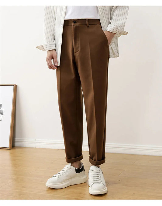 Autumn Winter Retro Woolen Ankle-length Pants Men's Casual Loose Straight